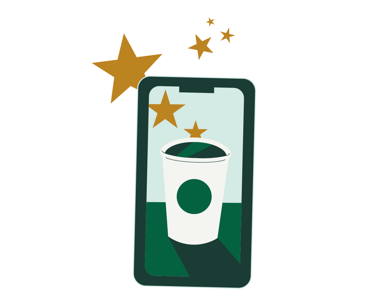 Mobile phone showing Starbucks drink surrounded by Stars