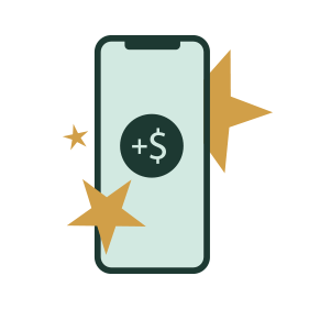 A cell phone mockup with a dollar sign on the screen and a gold Star on each side