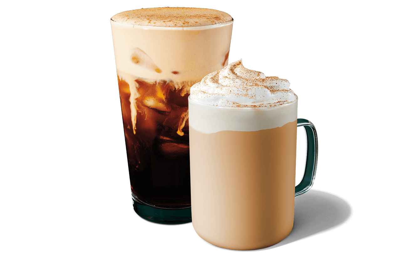 A Pumpkin Cream Cold Brew and Pumpkin Spice Latte shown on a green background surrounded by Stars.