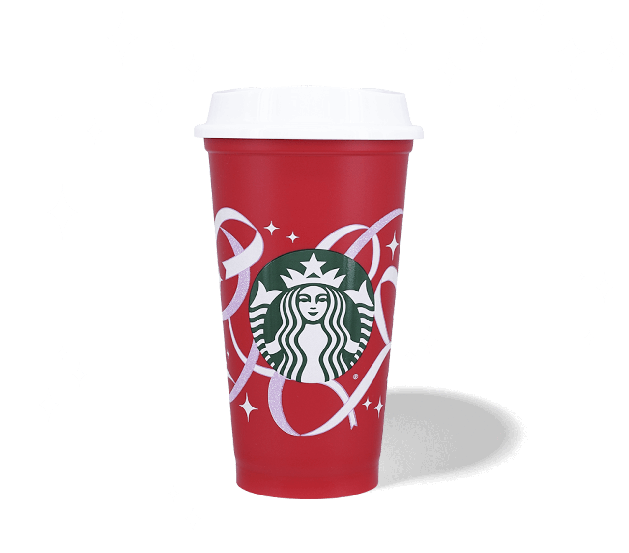 Red to-go cup with a white ribbon design against a red background.