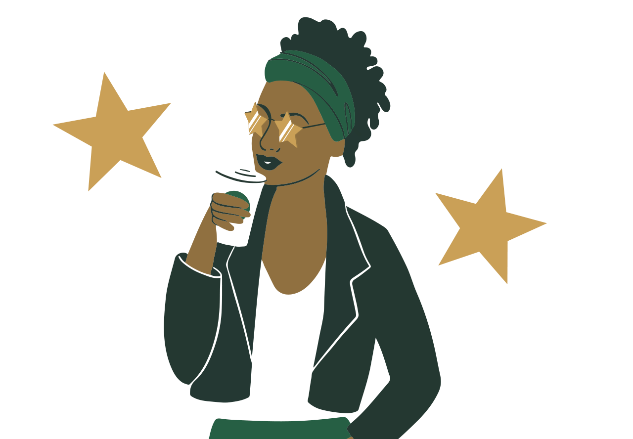 Girl wearing Star glasses drinking from a Starbucks cup centered between two Stars.