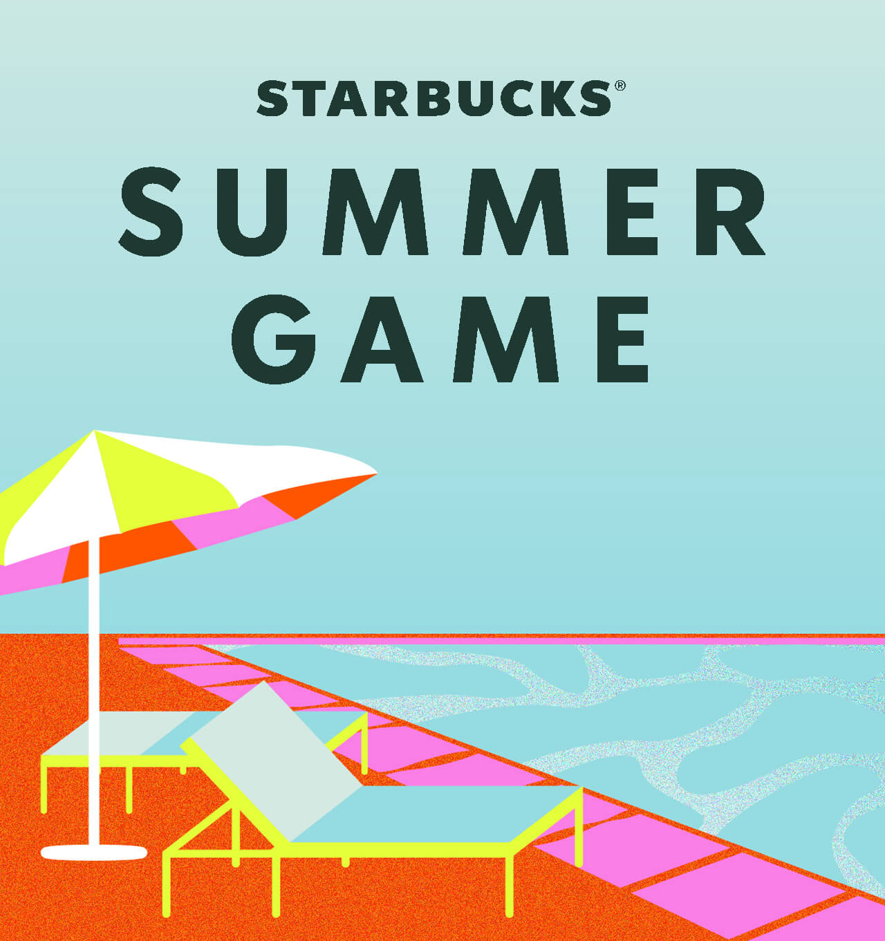 Starbucks® Summer Game logo with an illustrated pool and lounge chair in the background.