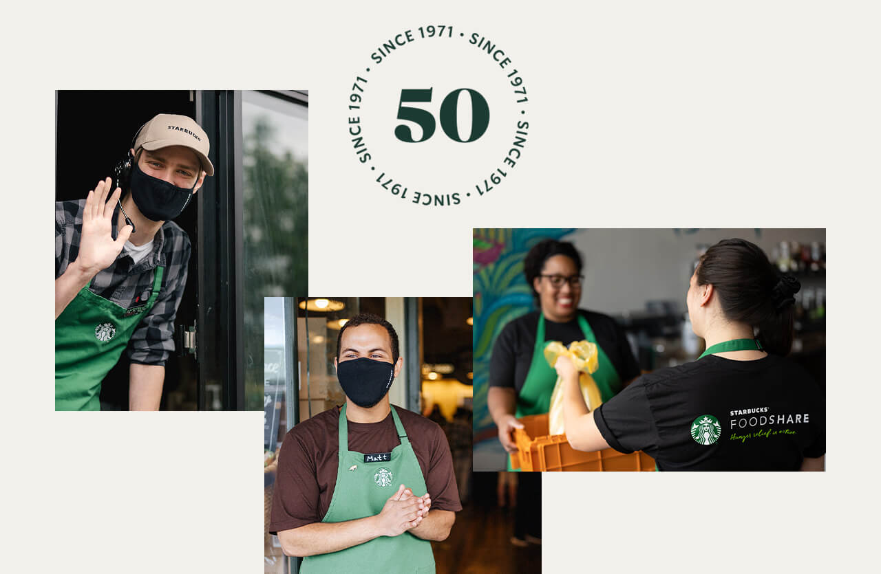 Starbucks partner waving thru a drive-thru window, another welcoming at the front door, and two other partners donating food.