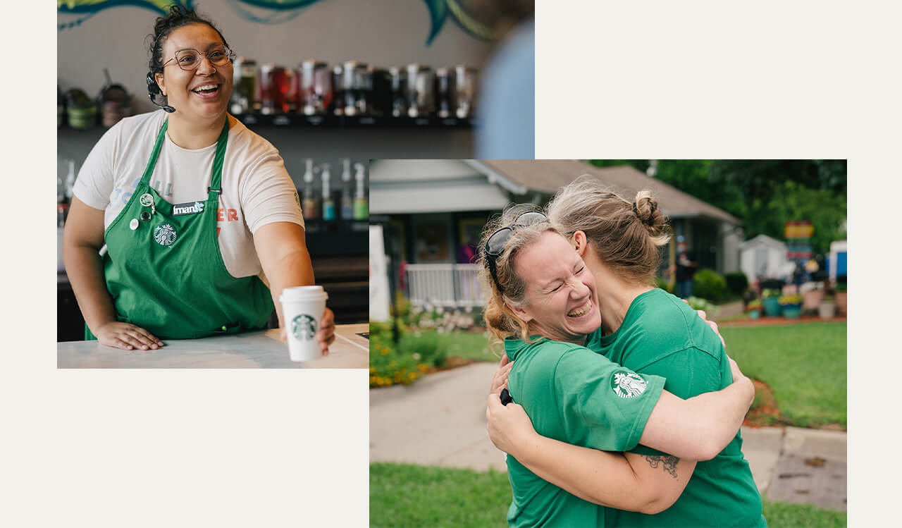 Woman wearing a Starbucks green apron smiling and handing off a Starbucks beverage. Two Starbucks partners embracing at a volunteer event.