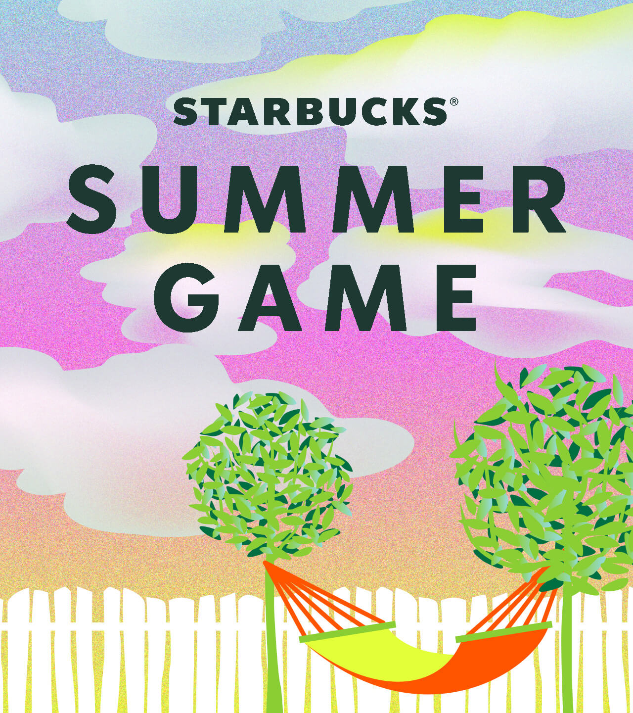 Starbucks® Summer Game logo with an illustrated hammock hanging between two trees in the background.