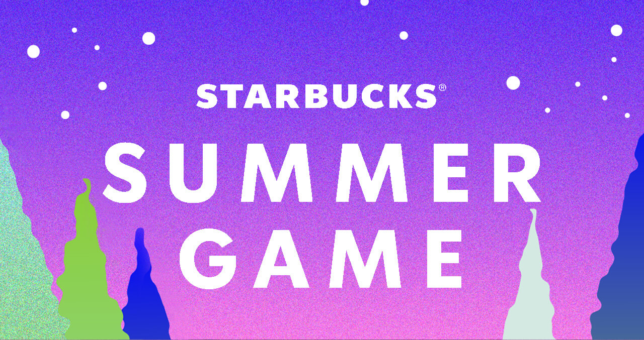 Starbucks® Summer Game logo with an illustrated starry sky and pine trees in the background.