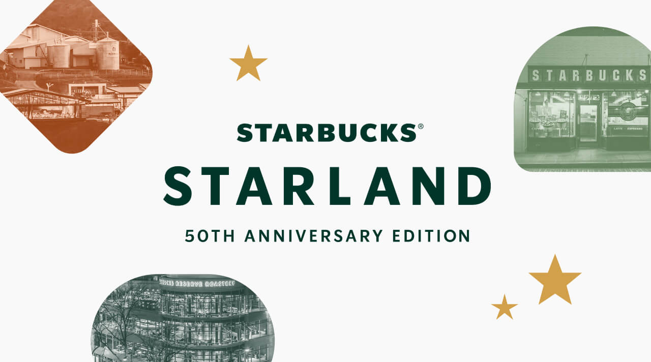 Cutout photos of three iconic Starbucks locations hover around the words Starbucks® Starland: 50th Anniversary Edition.