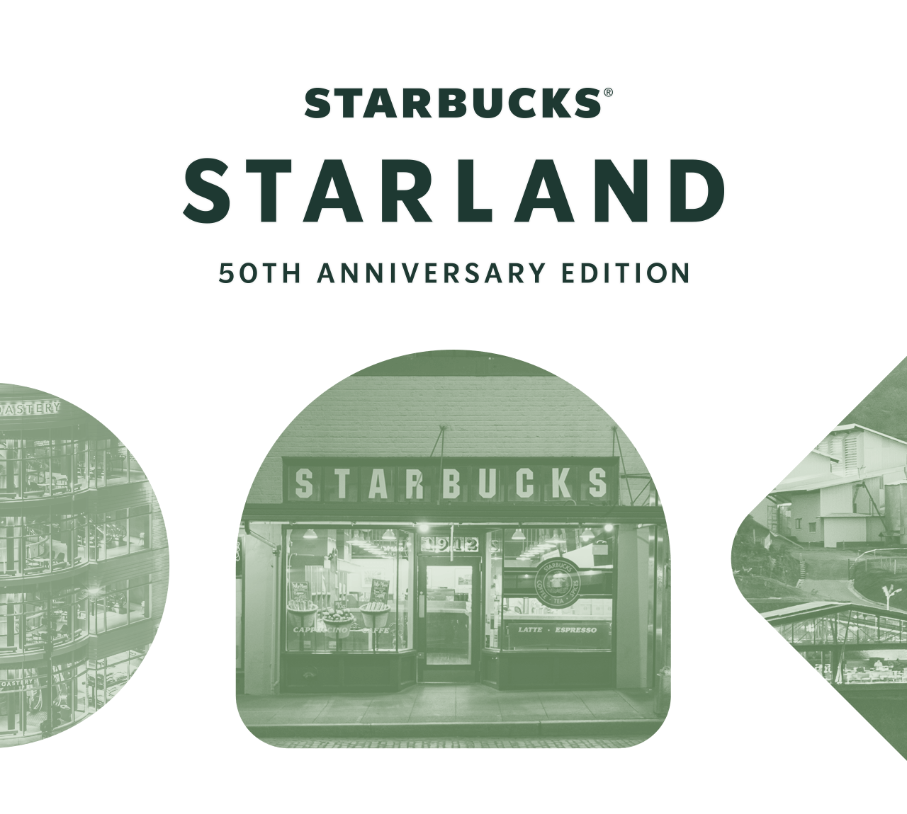 A photo of the original Starbucks Pike Place Market store sits below the words: Starbucks® Starland: 50th Anniversary Edition.