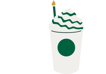An illustrated Starbucks to-go cup with whipped cream and a birthday candle.