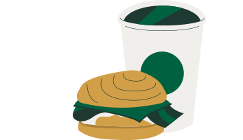 An illustrated Starbucks hot sandwich and to-go cup.