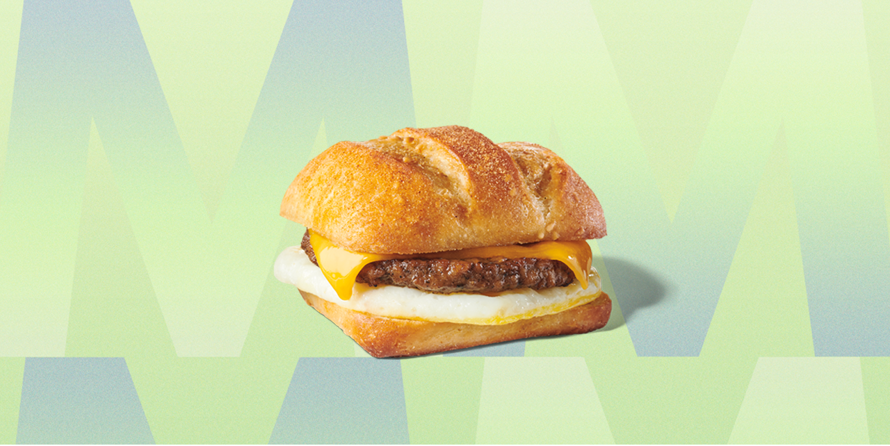Layered sandwich with a meatless patty, egg and melted cheese.
