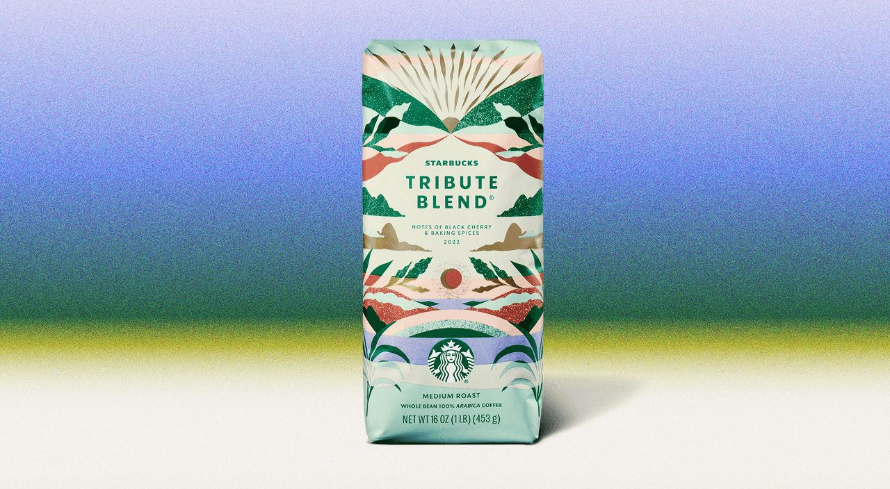 Starbucks® coffee bag with nature-inspired graphics in greens and reds with accents of gold.