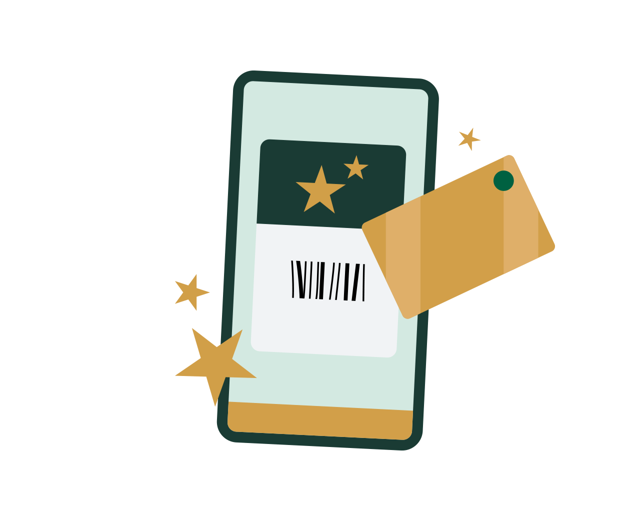 An illustrated phone shows the scan screen in the Starbucks® app. A gold Starbucks gift card is featured to the right of the phone and three gold Stars surround the image.