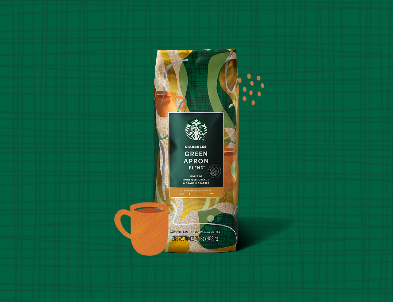An illustrated cup of coffee sits next to a bag of Green Apron Blend coffee in front of a Starbucks green backdrop.