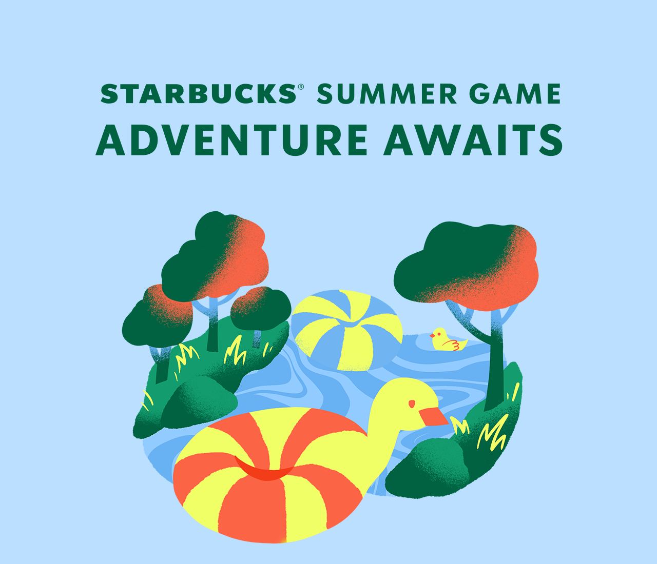 The words Starbucks&reg; Summer Game: Adventure Awaits above an illustration of a duck-shaped inner tube floating on a river.
