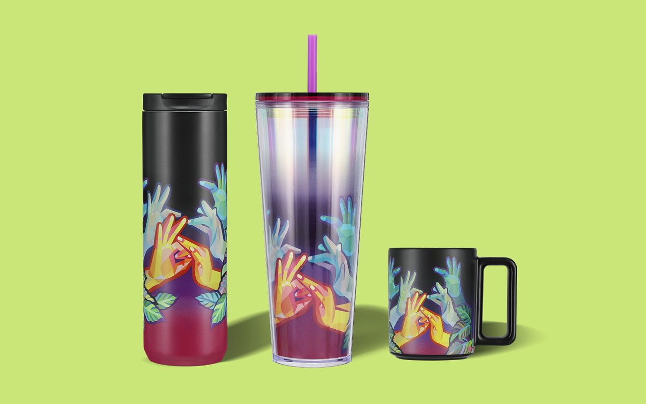 Starbucks tumbler, cold cup and mug with Yiqiao Wang’s art featuring illustrated hands.