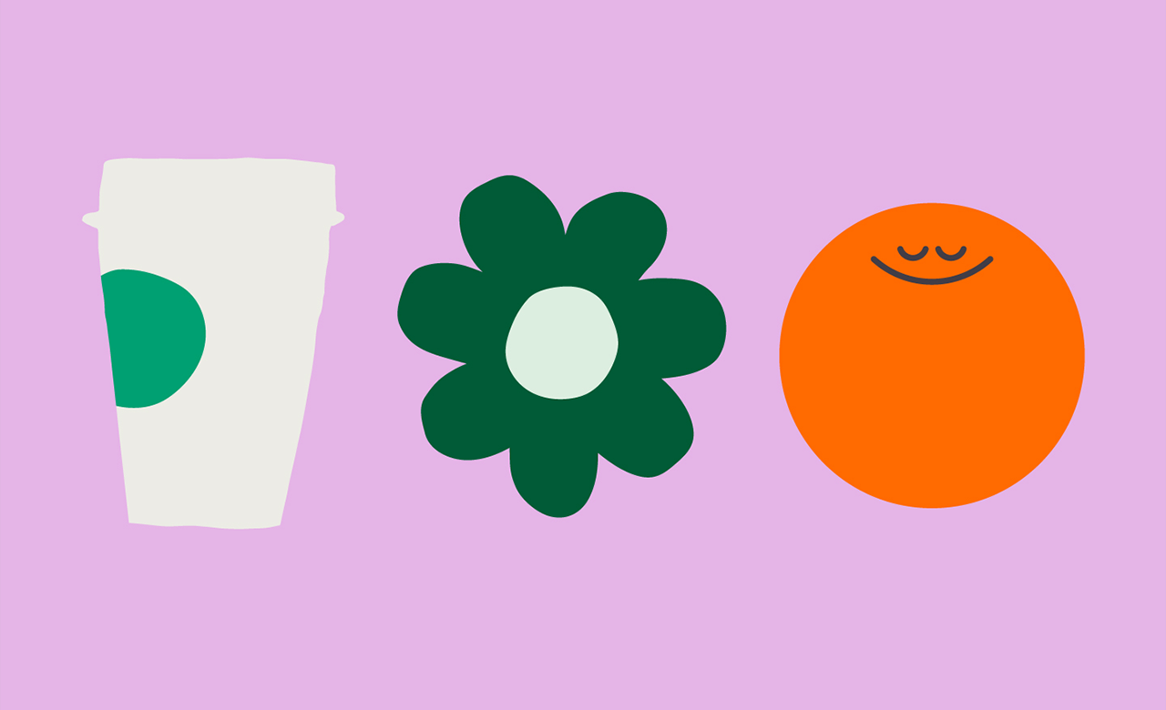 From left to right, three illustrations on a pink background: a Starbucks hot cup, a green flower, and the orange Headspace app logo.