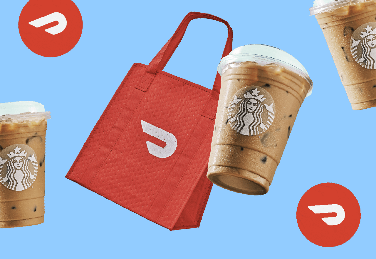 Starbucks cold cups and red DoorDash delivery bags suspended on a light blue backdrop.