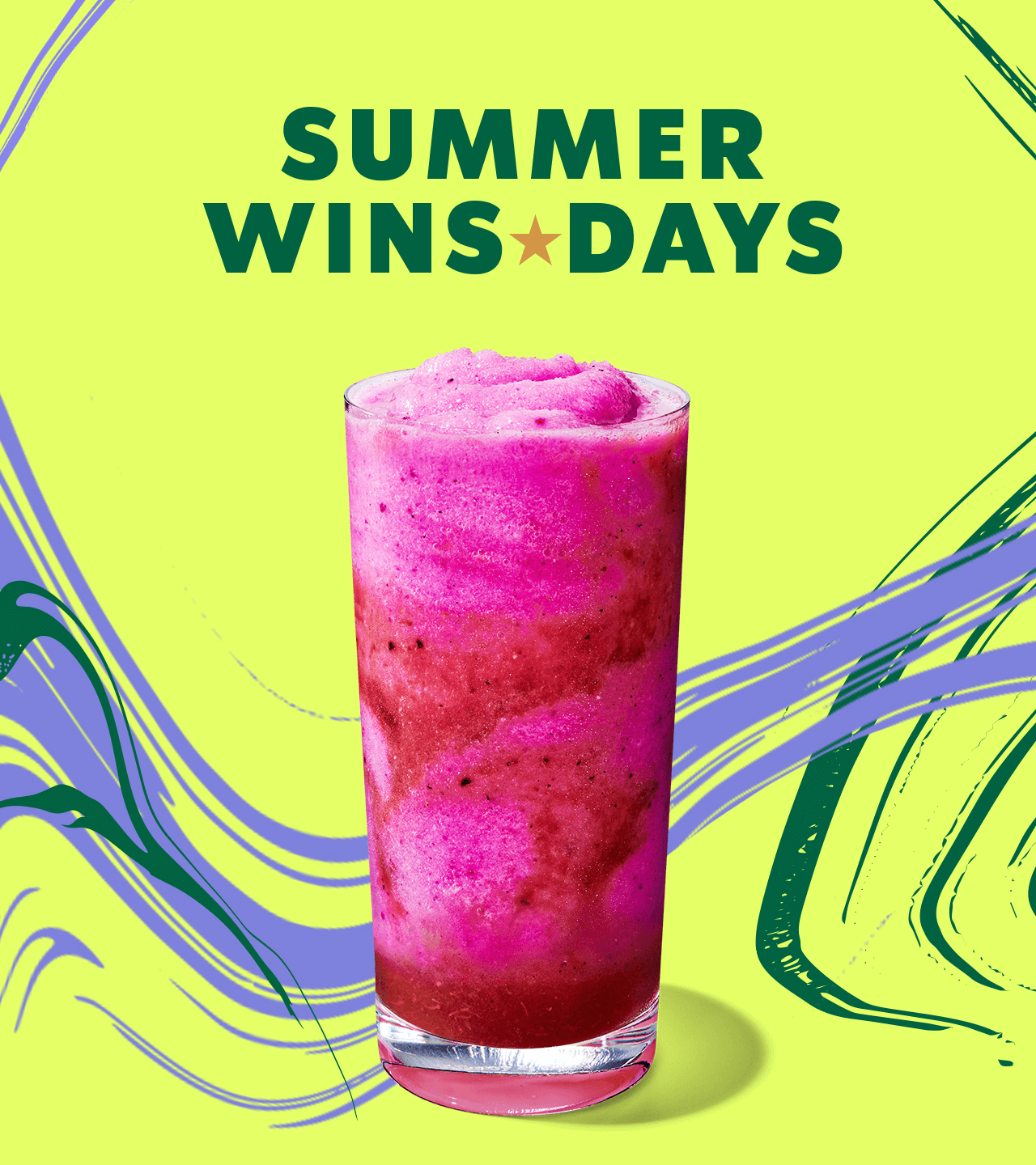 Frozen Mango Dragonfruit Lemonade Starbucks Refreshers&reg; Beverage on a multi-colored background. | SUMMER WINS DAYS