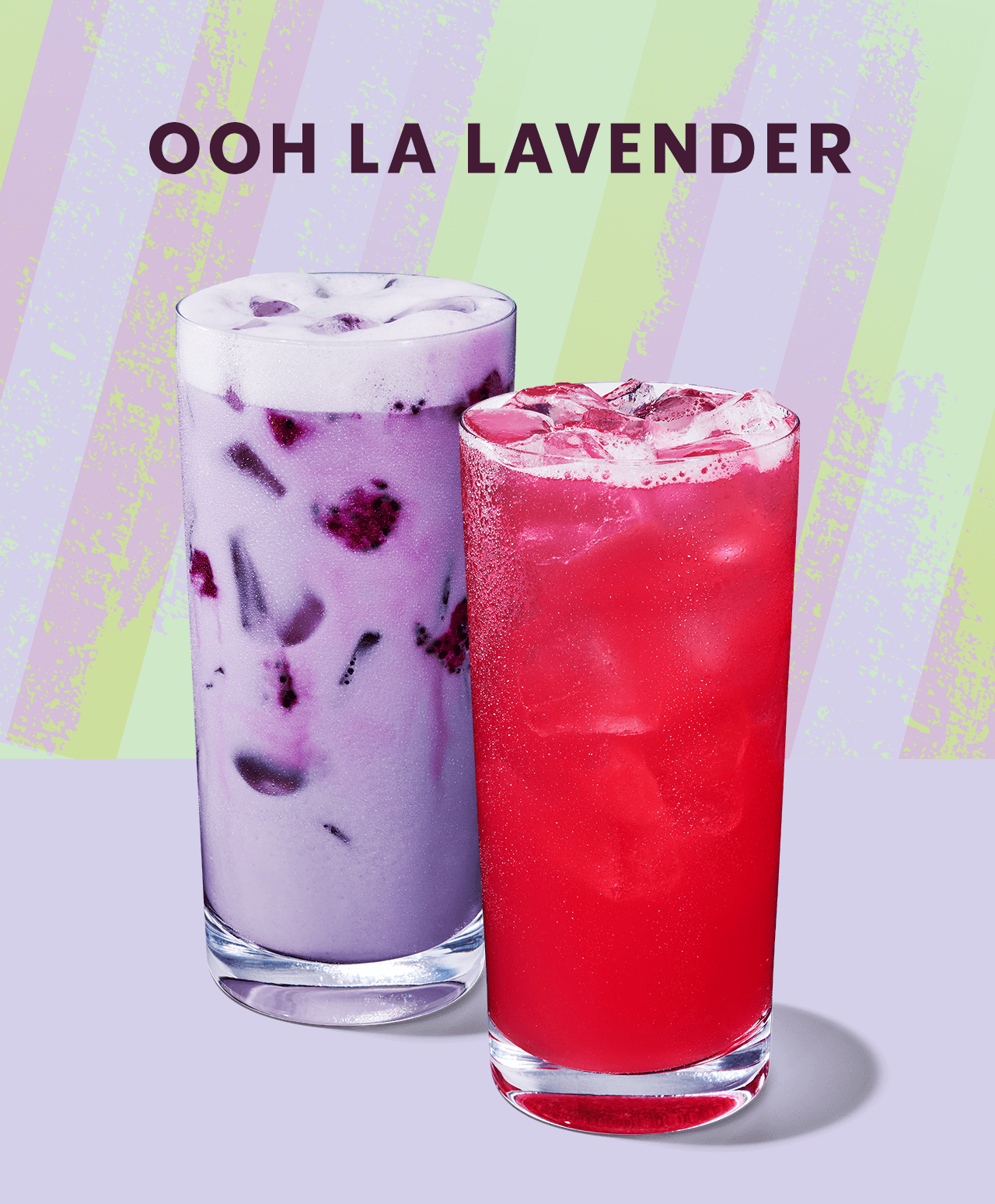 OOH LA LAVENDER | A purple lavender beverage and a red lemonade with lavender beverage on a green and purple background.