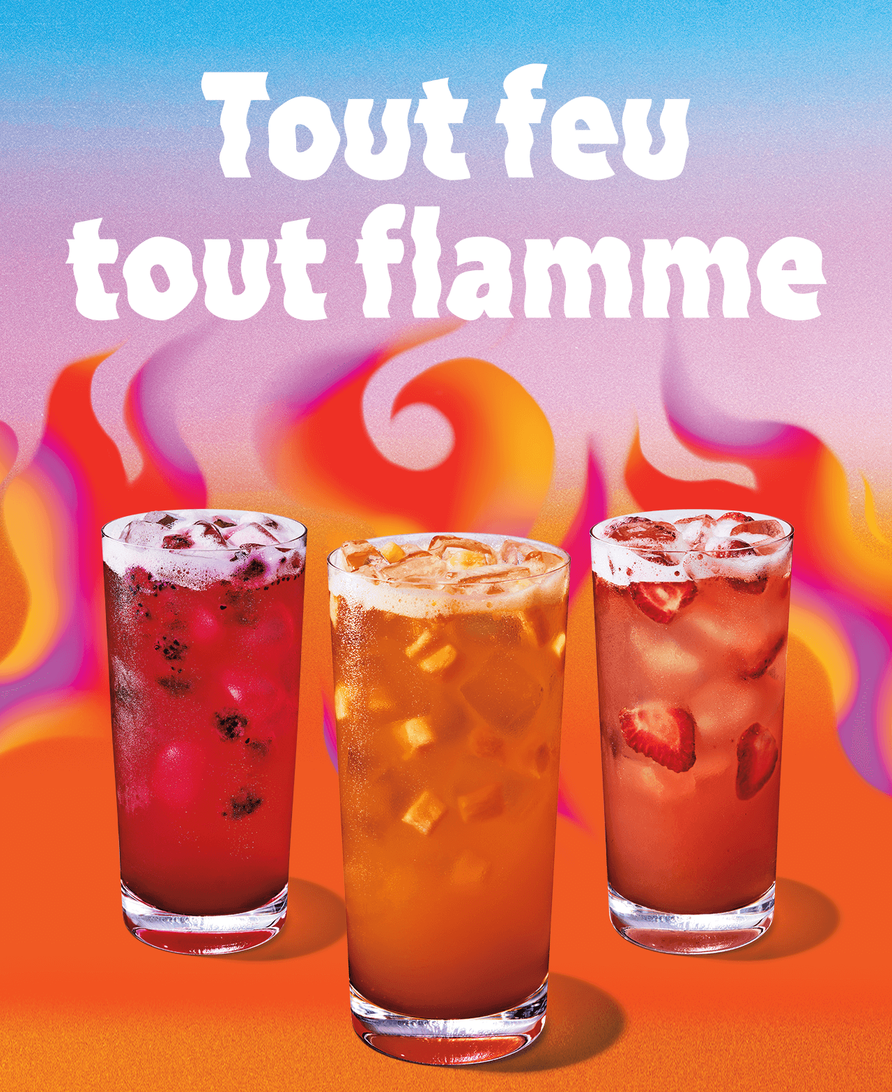 Tout feu tout flamme | Trois boissons froides dans de grands verres sur une illustration de flammes colorées.