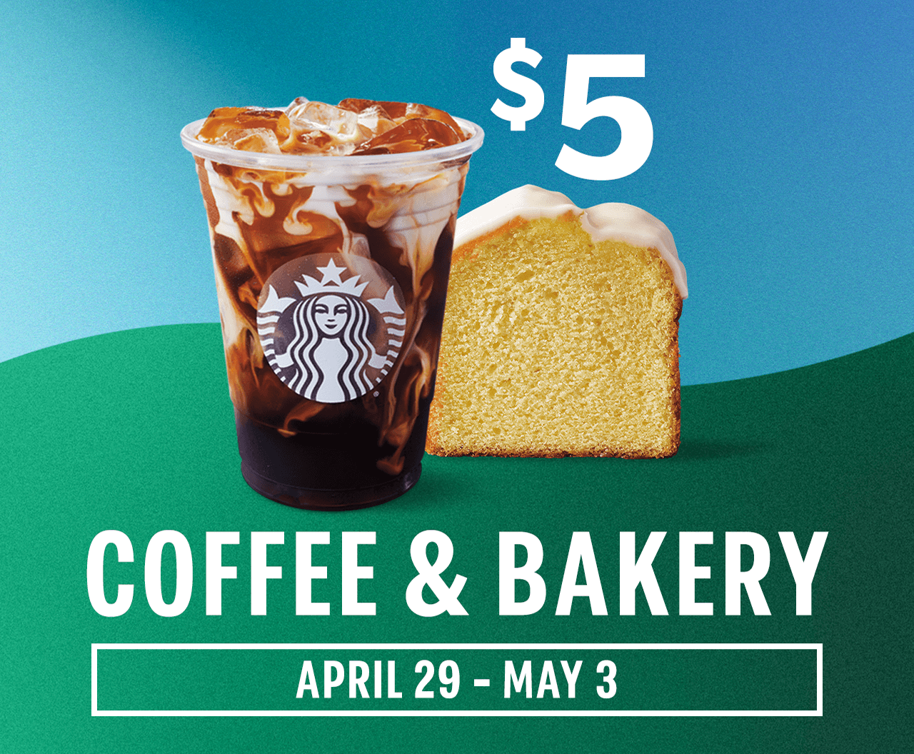 $5 Coffee & Bakery | Iced Coffee with Milk and Iced Lemon Loaf