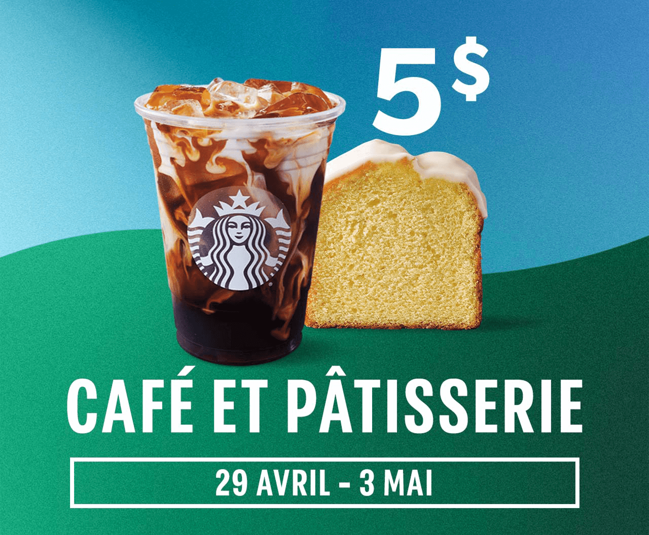 5 $ café et pâtisserie | Café glacé avec du lait et Pain au citron glacé