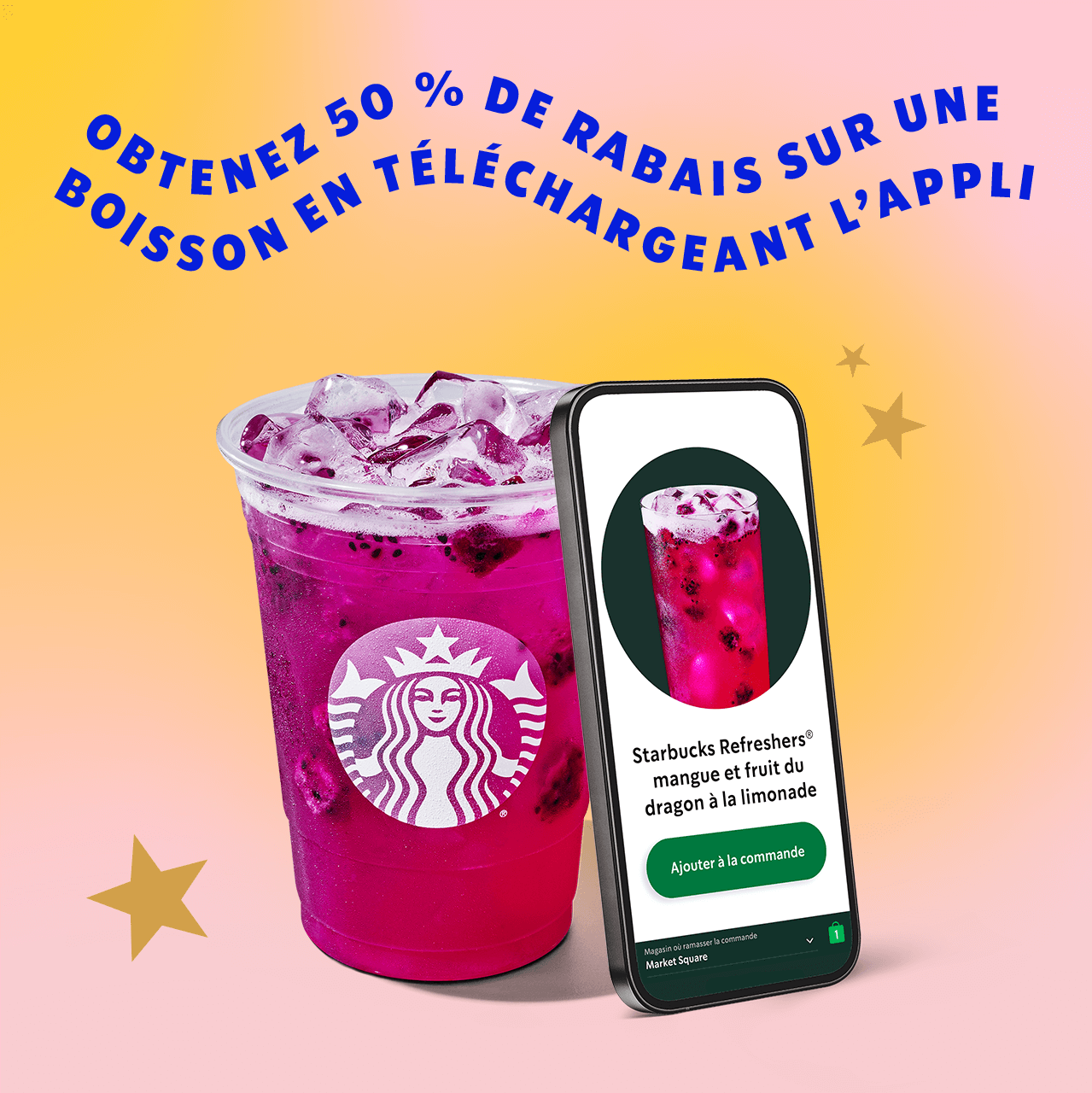 Rabais de 50 % sur une boisson pour les nouveaux membres | Un téléphone appuyé contre une boisson, tous deux entourés d'étoiles.
