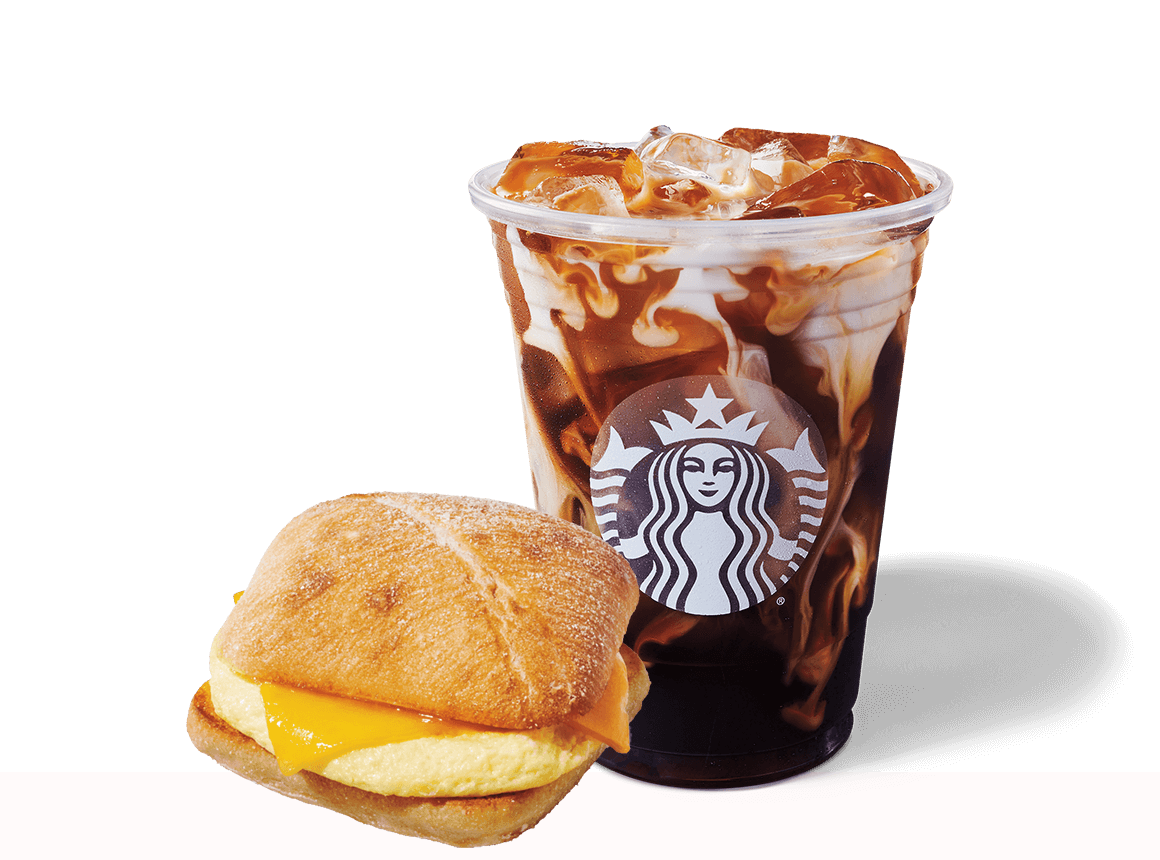 Image of a Vanilla Sweet Cream Cold Brew beside a NEW Three Cheese & Egg Sandwich