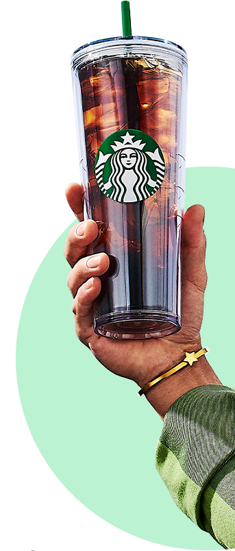 A hand holding a venti reuseable tumbler.