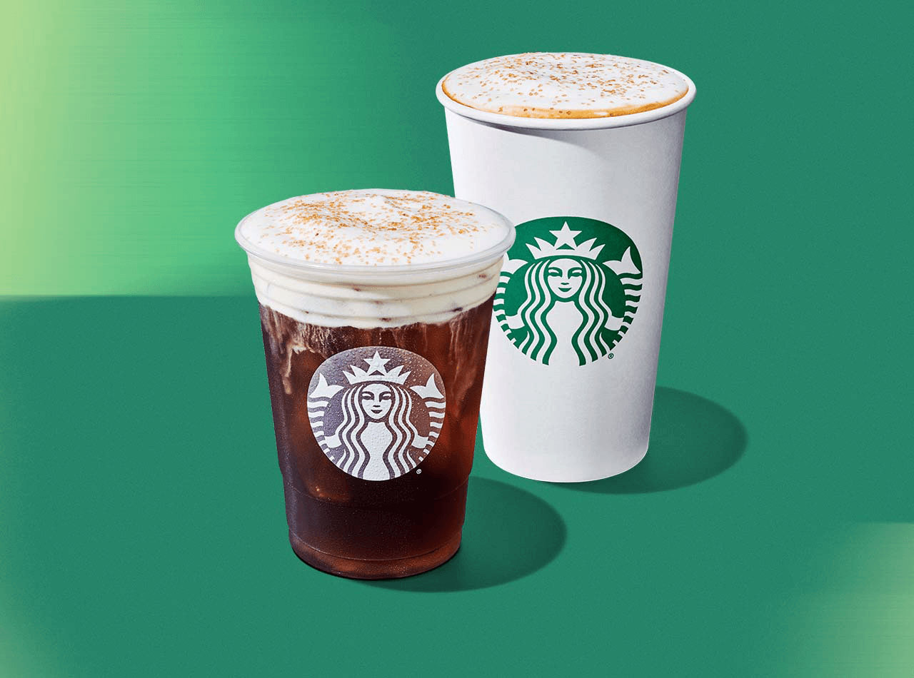 Two Starbucks Winter beverages, one in a Grande white hot cup and the other in a transparent cold cup, on a soothing green background.