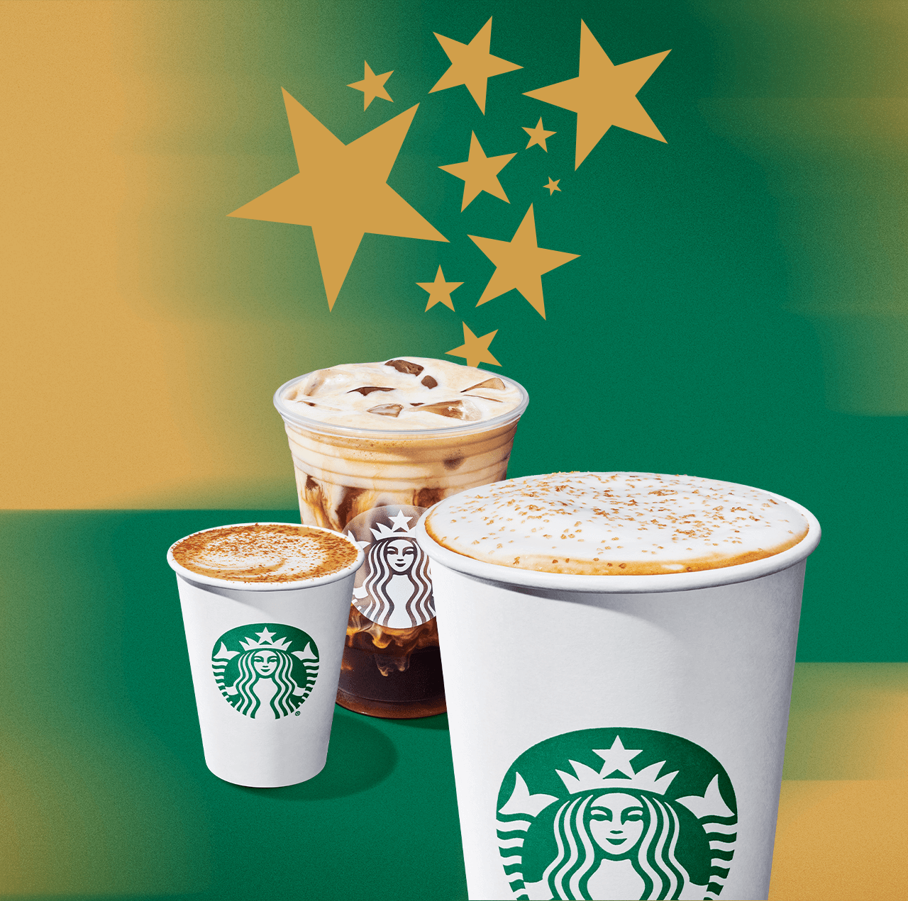 Three Starbucks Winter beverages on a green and gold background, surrounded by ten stars.