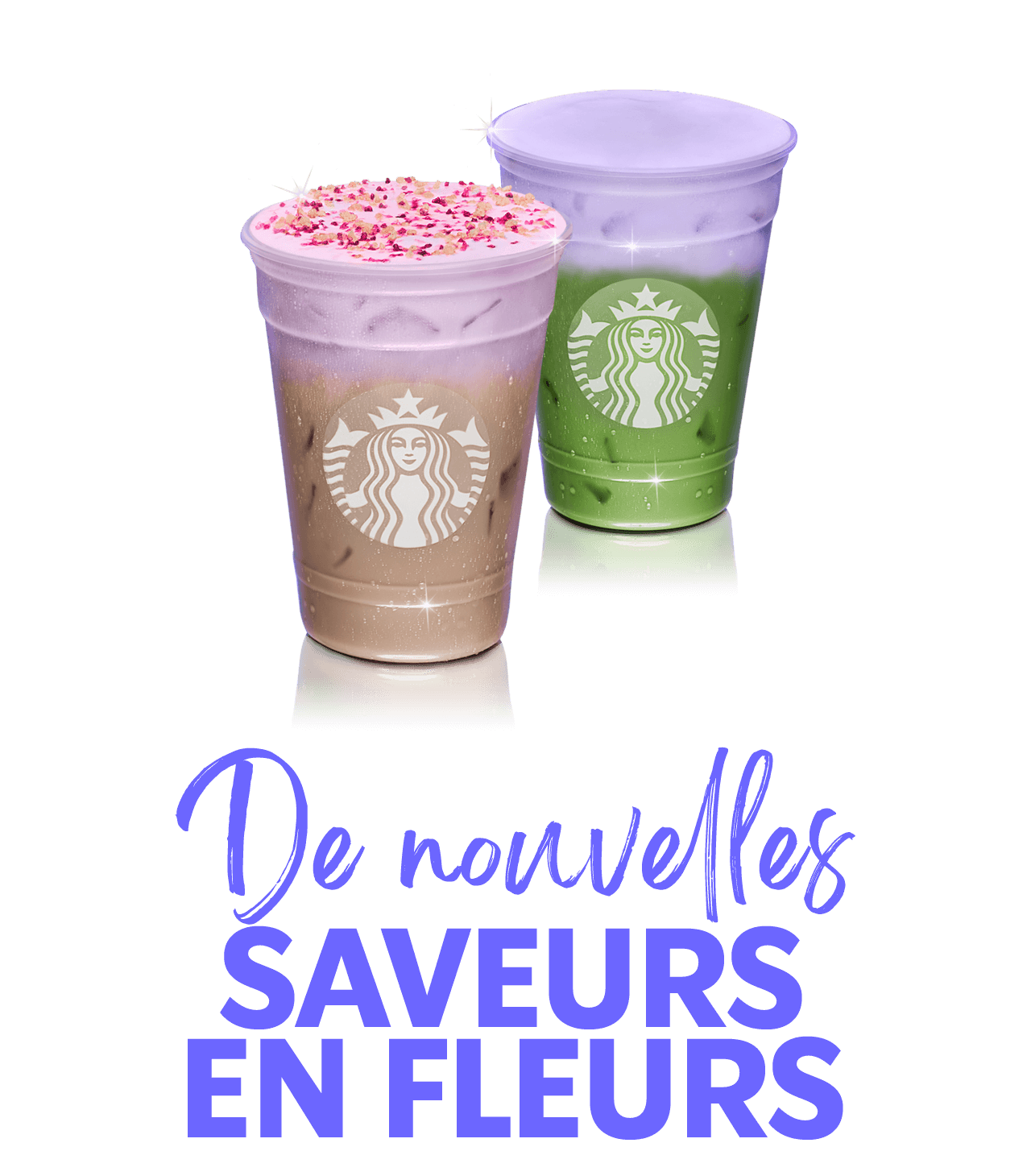De nouvelles SAVEURS EN FLEURS | Boissons glacées faites à base de thé sur fond violet.