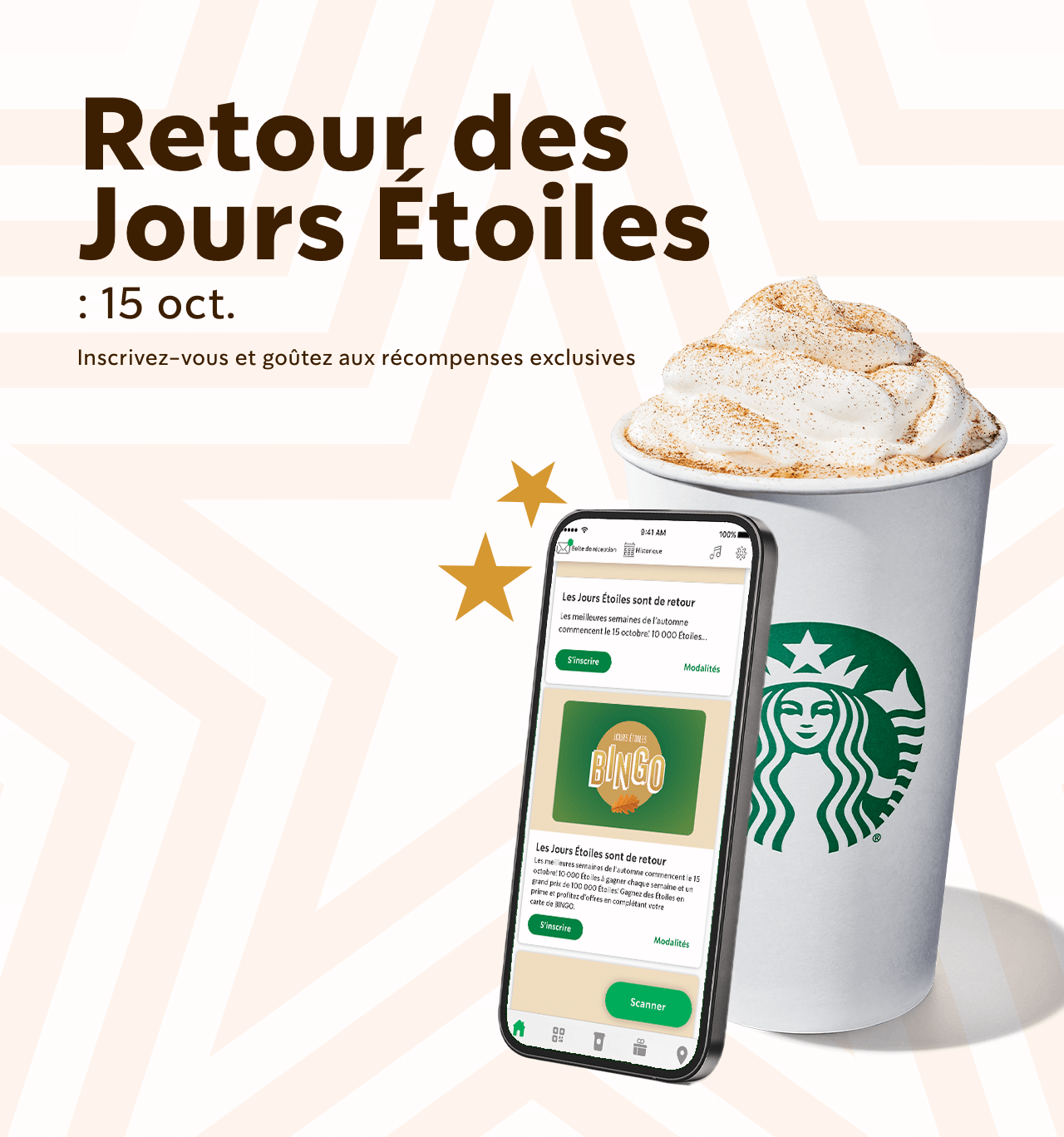Logo du Bingo des Jours Étoiles et une feuille d’automne dans un carré vert aux bords arrondis et au contour or.