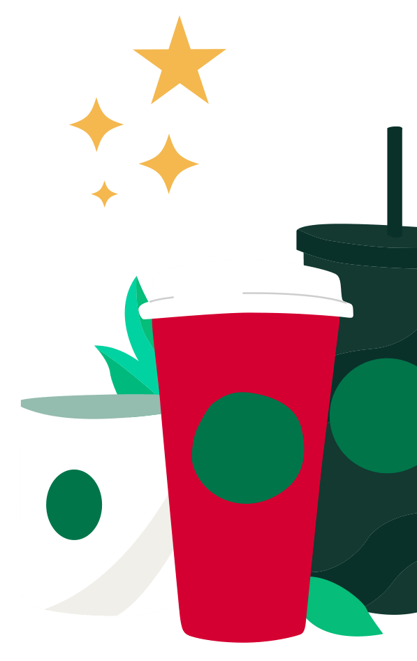 An illustration of two reuseable cups and a tumbler with small gold stars around them.