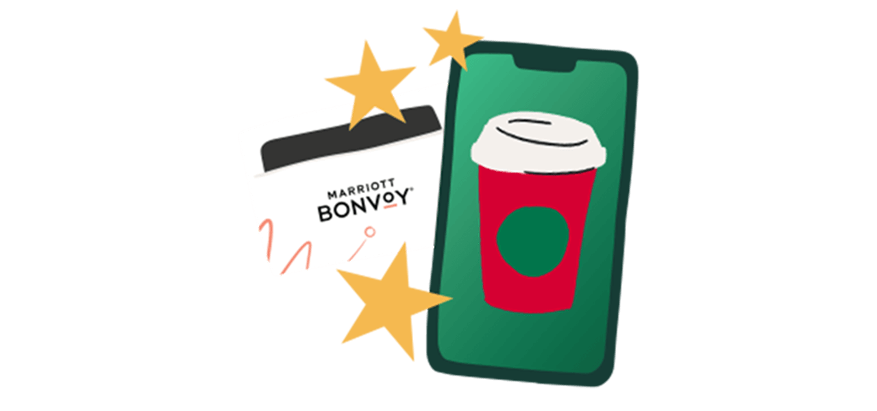 An illustration of a phone showing a resuable red cup and a hotel key card  with three gold stars.