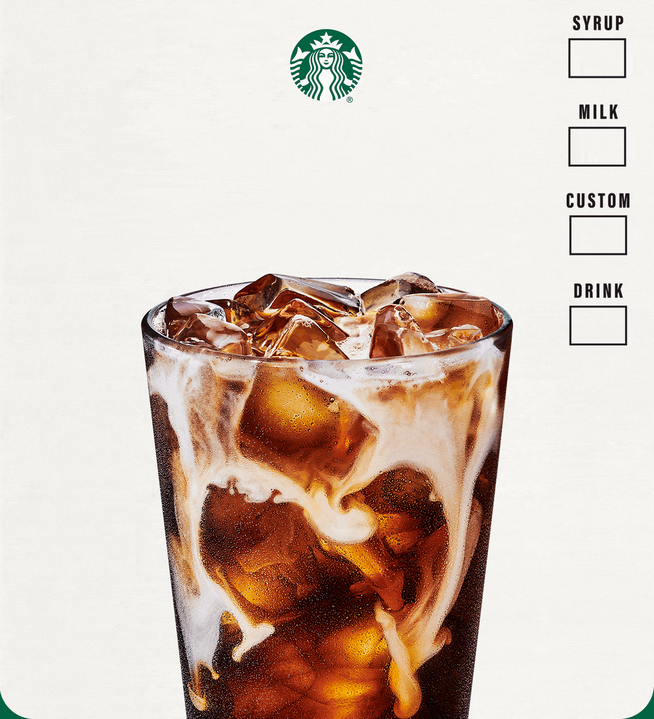 Animation of Starbucks® drinks rotating on a paper cup background with customization boxes to the right. The phrase 'Hello!' is handwritten. An 'X' is marked on the 'Custom' customization box.