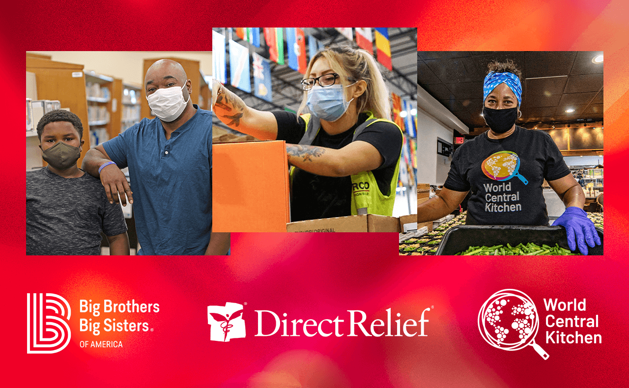 Left: A man stands with a boy in a library above the Big Brothers Big Sisters of America logo. Center: A woman packs a box of supplies in a warehouse above the Direct Relief logo. Right: A woman stands in a kitchen holding a container of green beans above the World Central Kitchen 