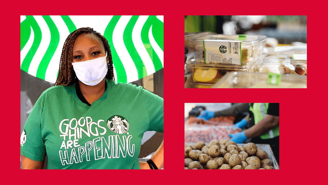 A collage of three photos: a Starbucks partner (employee) looking at camera, wearing a green T-shirt that says “Good Things Are Happening” and a facial covering; a close-up of food buckets; a close-up of Starbucks food boxes.