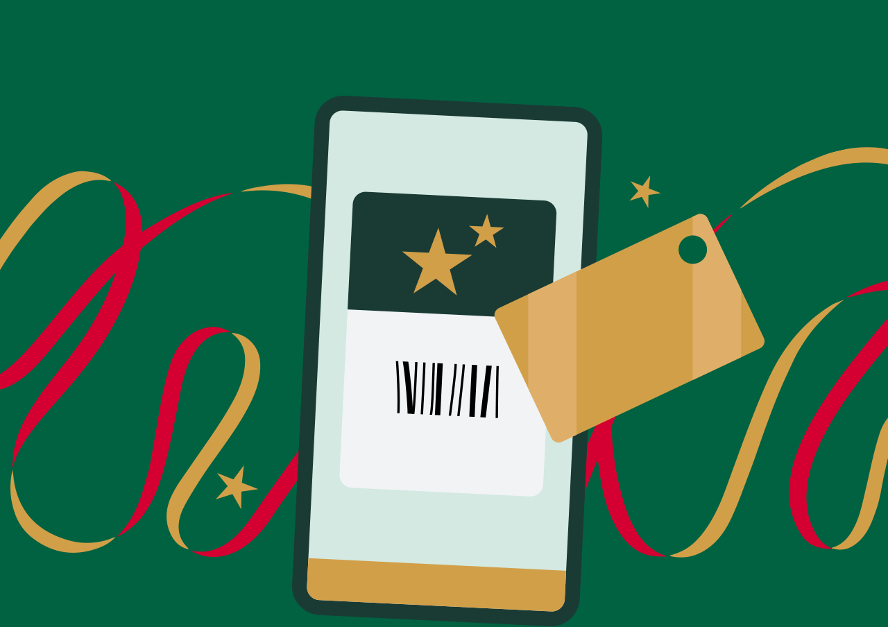 An illustrated phone shows the scan screen in the Starbucks App. A gold Starbucks gift card is featured to the right of the phone. Red and gold ribbons are shown on either side of the phone.