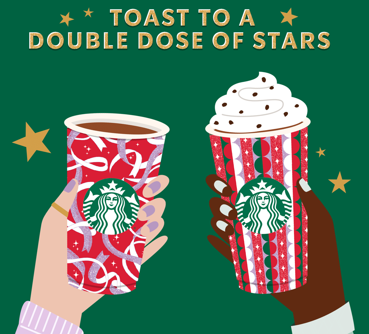 A GIF illustration of two hands each holding Starbucks holiday to-go cups. The cups clink together for a toast.