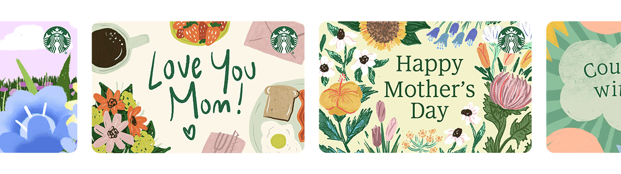 A row of Starbucks gift cards featuring floral illustrations.