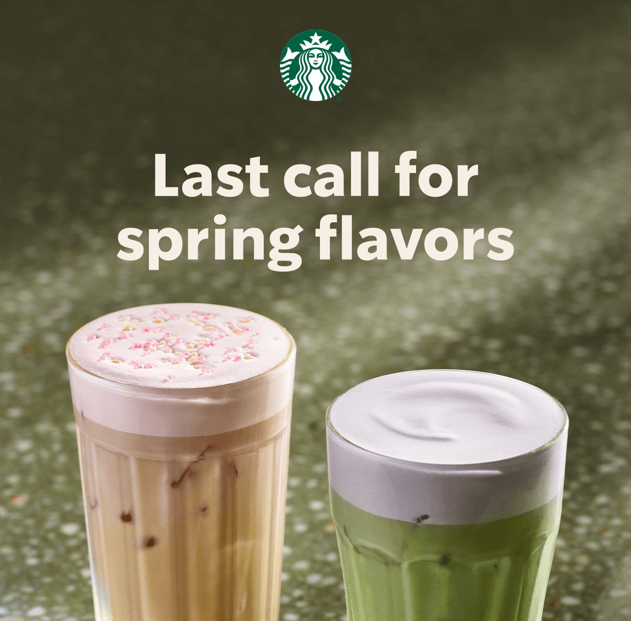 STARBUCKS® | Last call for spring flavors | A glass of Iced Cherry Chai and a glass of Iced Lavender Matcha on a green formica table.