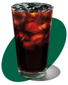 A tall glass of cold brew coffee in a green oval.
