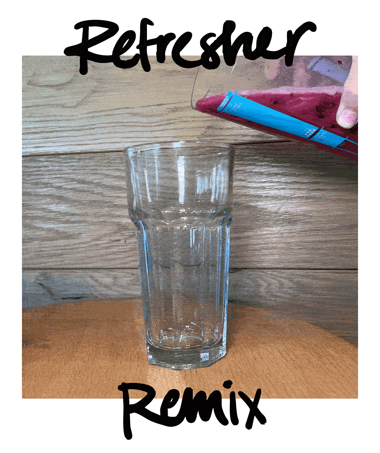 Stop-motion animation of a Midnight Drink and Lavender Cream Cold Foam being poured into a glass on a wooden table in front of a wood-paneled wall. The words Refresher Remix are written in handlettering across the top and bottom of the animation.