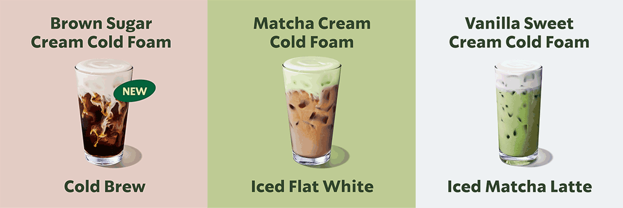 An animated grid that shows the following drinks topped with these cold foam flavors: Cold Brew with Brown Sugar; Iced Matcha Latte with Vanilla Sweet Cream or Cherry; Iced Chai Latte with Lavender; Iced Flat White with Matcha Cream; Iced Caffe Latte with Salted Caramel.