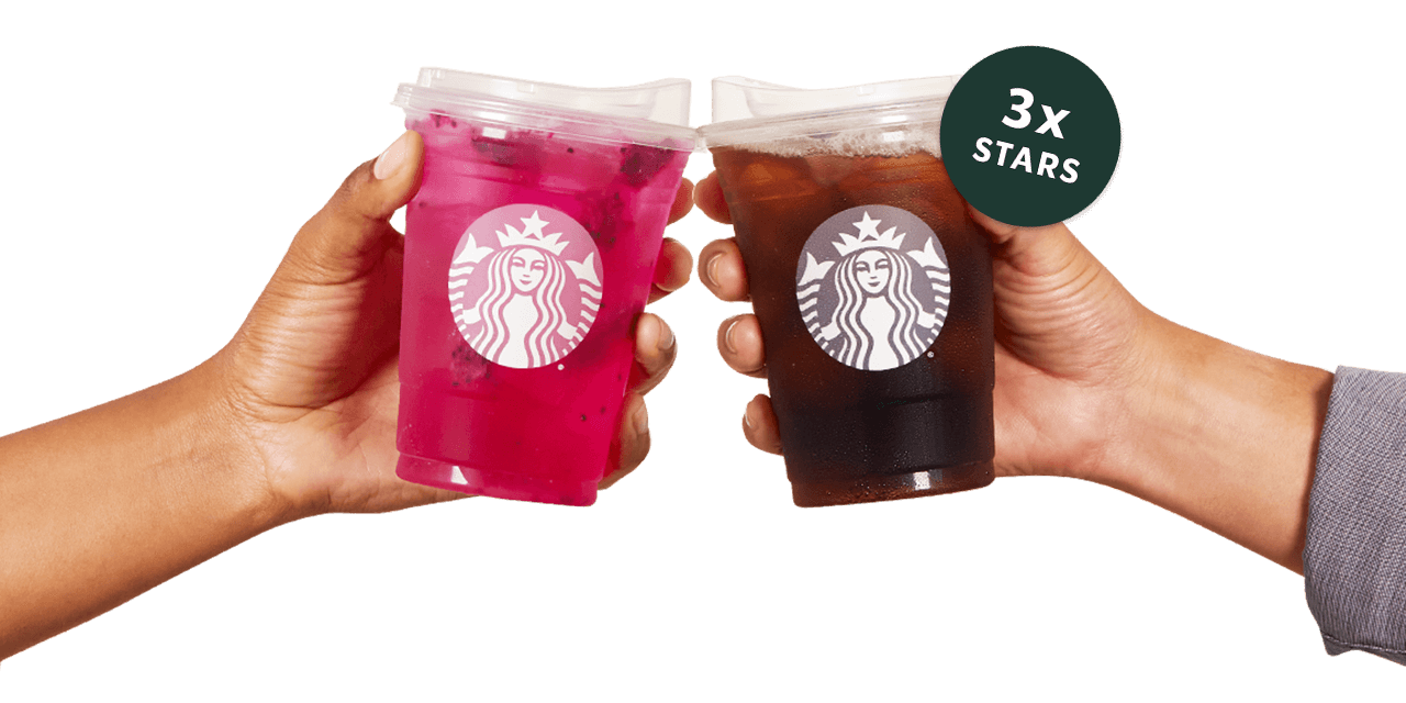 A photograph of two hands each holding a Starbucks to-go cup with gold Stars twinkling around the cups.